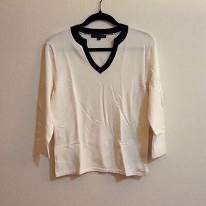 Plain white blouse with black v-neck lining.